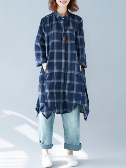 Women Loose Lapel Asymmetrical Plaid Shirts - Click Image to Close