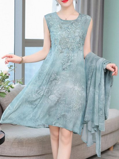 Floral Embroidered Jacquard Loose Vintage Two Pieces Dresses - Click Image to Close