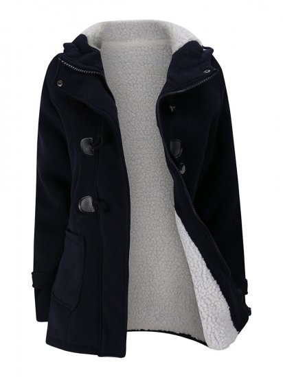 Women Horn Buttons Long Sleeve Hooded Thicken Coat - Click Image to Close