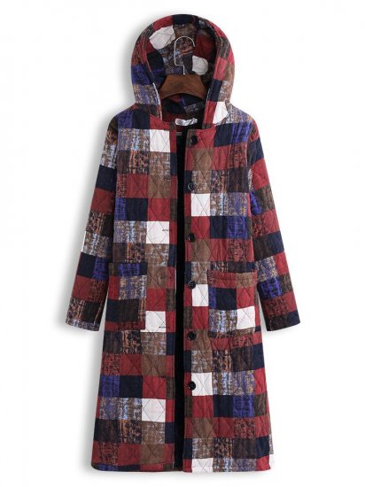 Multi-color Geometric Print Hooded Long Sleeve Vintage Coat - Click Image to Close