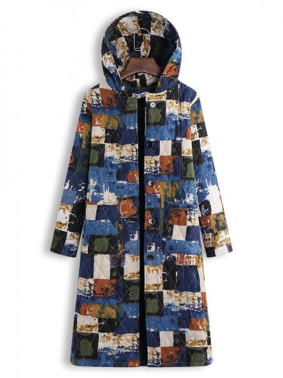 Multi-color Geometric Print Hooded Long Sleeve Vintage Coat - Click Image to Close