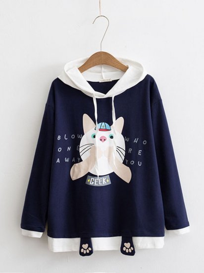 Women Casual Contrast Color Cat Print Cute Long Sleeve Hoodie - Click Image to Close