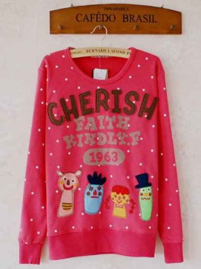 Women Cute Cartoon Print Polka Dot Embroidery Loose Sweatshirt - Click Image to Close