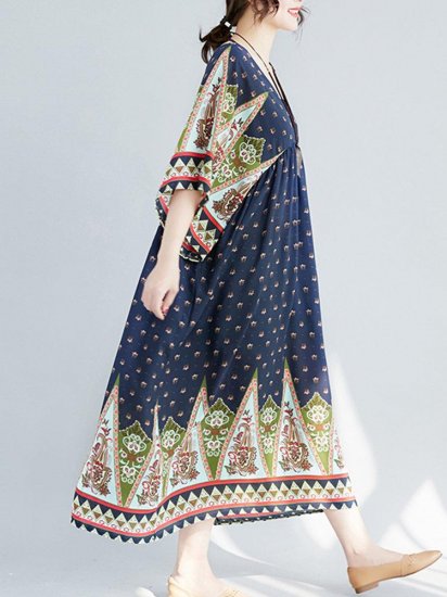 Ethnic Printed High Waist V-neck Vintage Half Sleeve Dresses - Click Image to Close