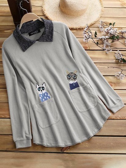 Knitting Patchwork Cat Embroidered Long Sleeve Casual Blouses - Click Image to Close