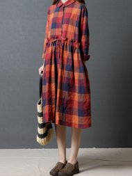 Vintage Women Plaid Drawstring Long Sleeve Shirt Dresses