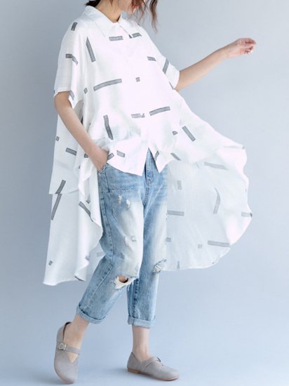 Geometric Print Layered Irregular Short Sleeve Casual Shirts - Click Image to Close