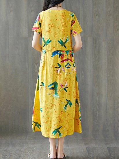 Frog Button Print Short Sleeve O-neck Vintage Dresses - Click Image to Close