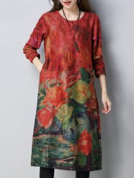 Vintage Printed Thicken Long Sleeve Pocket Dresses For Women