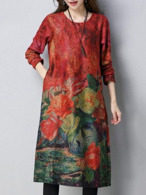 Vintage Printed Thicken Long Sleeve Pocket Dresses For Women