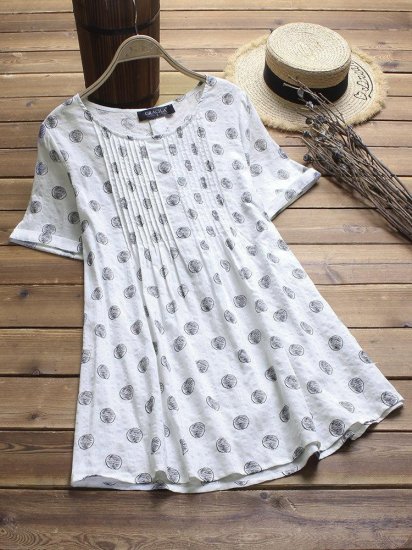 Polka Dot Print Pleated Short Sleeve O-neck Vintage Blouses - Click Image to Close