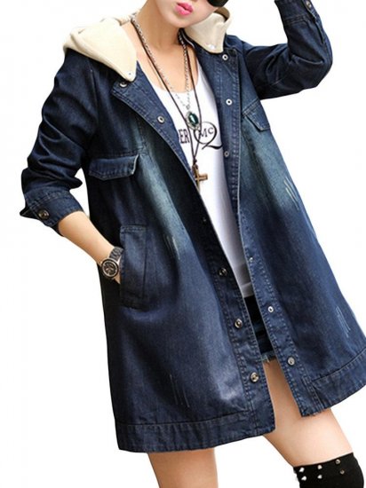 Denim Patchwork Hooded Long Sleeve Coat - Click Image to Close