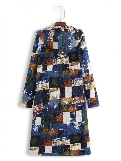 Multi-color Geometric Print Hooded Long Sleeve Vintage Coat - Click Image to Close