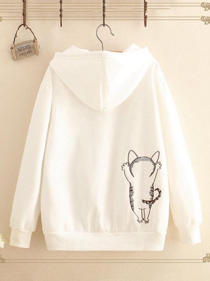 Cat Embroidered Hooded Casual Long Sleeve Sweatshirt - Click Image to Close