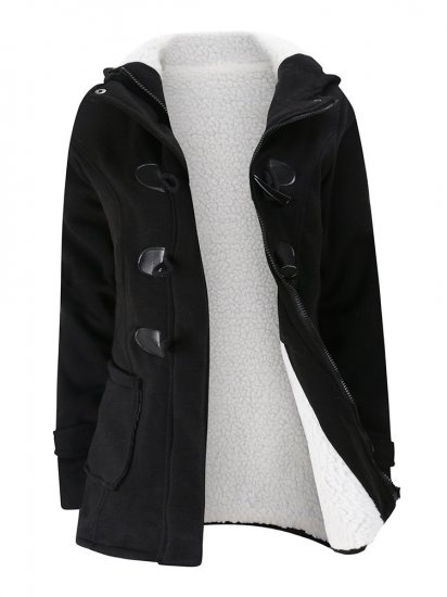 Women Horn Buttons Long Sleeve Hooded Thicken Coat - Click Image to Close