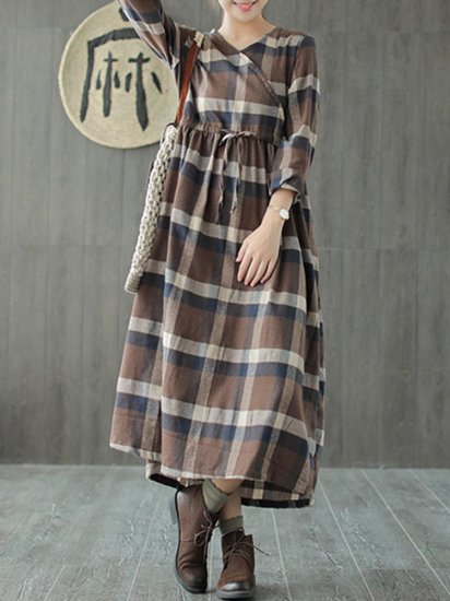 Multi-color Plaid Print Drawstring Waist Vintage Dress - Click Image to Close