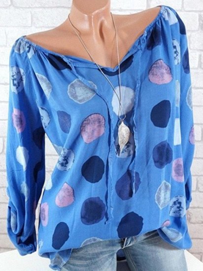 Women Polka Dots V-neck Long Sleeve Shirts - Click Image to Close