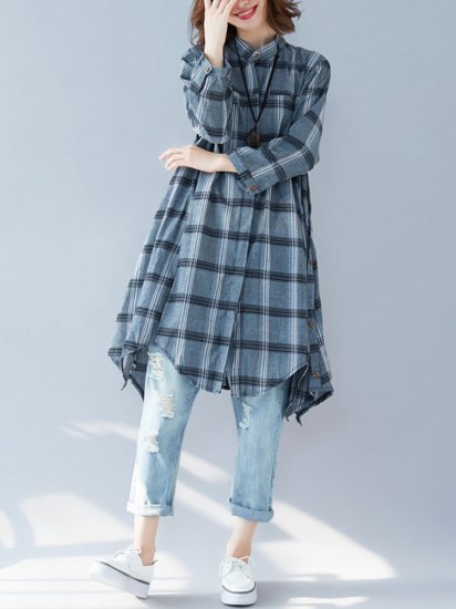 Women Loose Lapel Asymmetrical Plaid Shirts - Click Image to Close