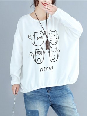 Women Cats Printed Long Sleeve Casual Sweatshirts