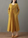 Pleated Solid Color Long Sleeve O-neck Vintage Dresses