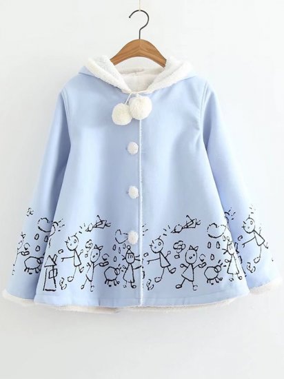 Cartoon Print Hooded Plush Ball Long Sleeve Vintage Coat - Click Image to Close