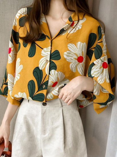 Floral Printed 3/4 Sleeve Turn-down Collar Shirts - Click Image to Close