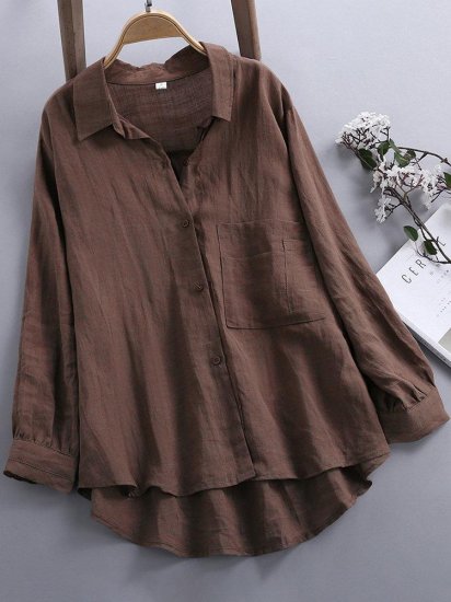 Solid Color Long Sleeve Pocket High Low Shirts - Click Image to Close