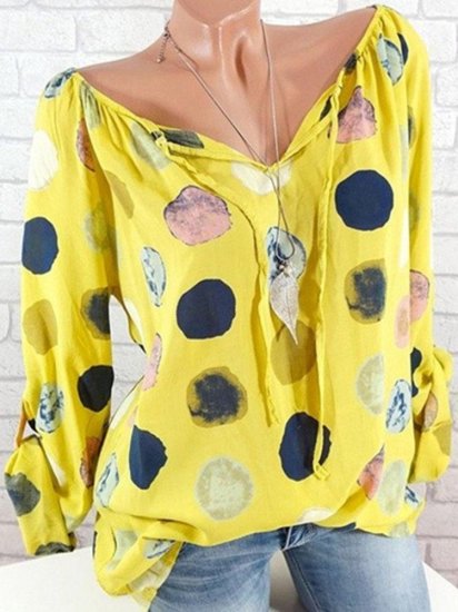 Women Polka Dots V-neck Long Sleeve Shirts - Click Image to Close