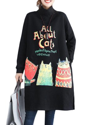 Cartoon Printed Long Sleeve High-neck Sweatshirt Dress