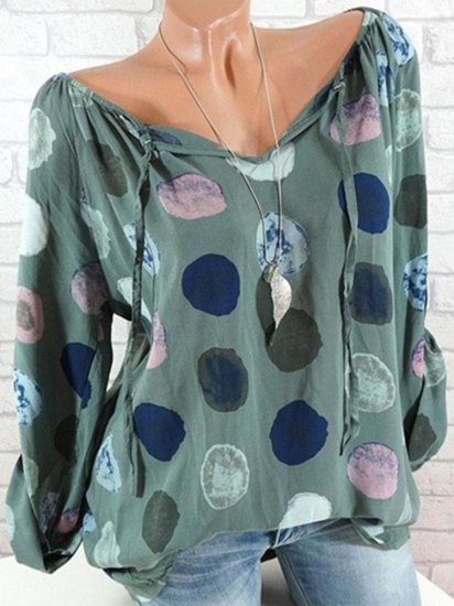 Women Polka Dots V-neck Long Sleeve Shirts - Click Image to Close