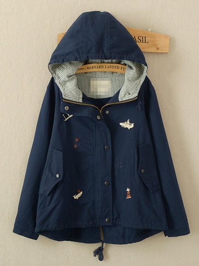 Hooded Cartoon Embroidered Long Sleeve Casual Coat - Click Image to Close