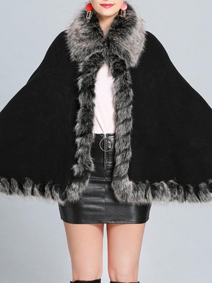 Faux Fox Fur Collar Knit Shawl Autumn Winter Outerwear Coat - Click Image to Close