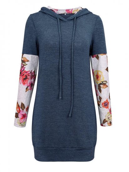 Floral Patchwork Loose Long Hooded Sweatshirt - Click Image to Close