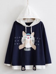 Women Casual Contrast Color Cat Print Cute Long Sleeve Hoodie