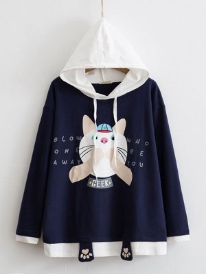 Women Casual Contrast Color Cat Print Cute Long Sleeve Hoodie