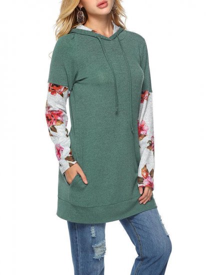 Floral Patchwork Loose Long Hooded Sweatshirt - Click Image to Close