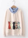 Cute Cat Print Fake Two Turn Down Collar Long Sleeve Inner Fleece Sweatshirt