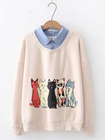 Cute Cat Print Fake Two Turn Down Collar Long Sleeve Inner Fleece Sweatshirt - Click Image to Close