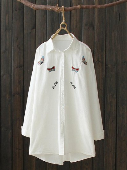 Butterfly Embroidered Long Sleeve Shirt For Women - Click Image to Close