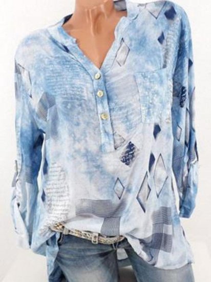 Casual Print Loose Long Sleeve V-neck Blouses For Women - Click Image to Close