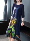 Floral Leaves Print Patchwork Splited 3/4 Sleeve Elegant Dresses