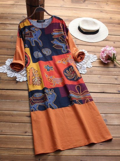 Folk Style Print Patchwork Long Sleeve Vintage Midi Dresses - Click Image to Close