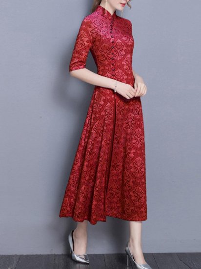 Women Lace Half Sleeve Stand Collar Chinese Style Dresses - Click Image to Close