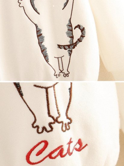 Cat Embroidered Hooded Casual Long Sleeve Sweatshirt - Click Image to Close