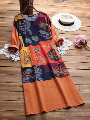 Folk Style Print Patchwork Long Sleeve Vintage Midi Dresses