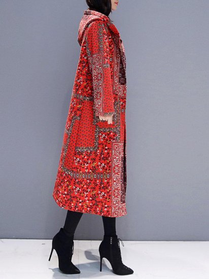 Hooded Floral Ethnic Print Long Sleeve Vintage Coat - Click Image to Close