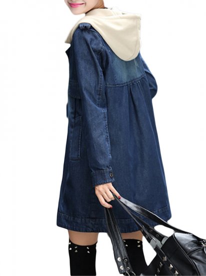 Denim Patchwork Hooded Long Sleeve Coat - Click Image to Close