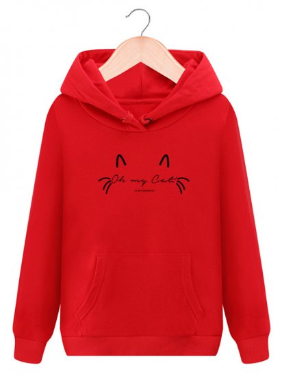 Women Cat Printed Hooded Long Sleeve Pocket Casual Sweatshirts - Click Image to Close